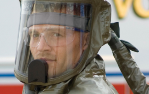 Worker wearing an ILC Dover CBRN Escape Respirator.